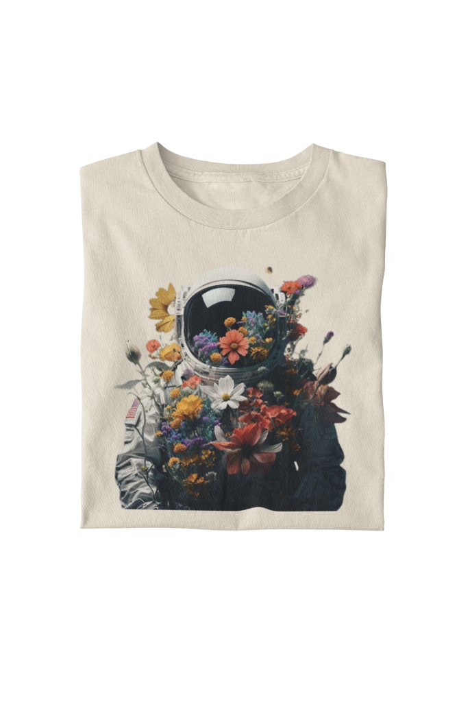 Astronauta en Campo de Flores  Tee Camiseta Beige Diseño Astronauta LanderStudio Streetstyle